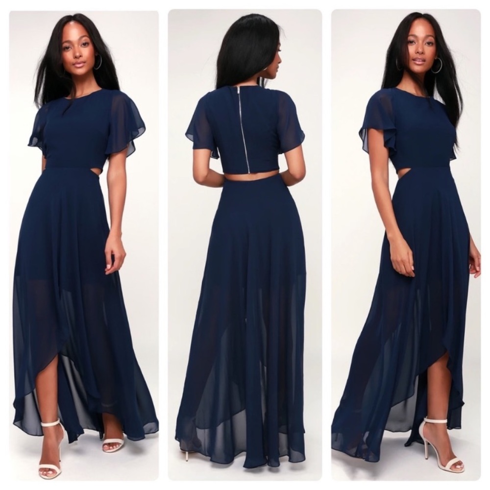 Ali & Jay Bohemian Rhapsody Navy Blue Cutout High-Low Dress
